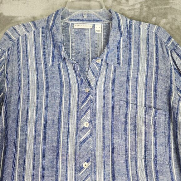 Susan Graver Blouse Womens XL Blue Stripe Linen Blend Cross-Dyed Button Tunic - Picture 3 of 10